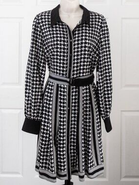 Black & White Houndstooth Button-Front Midi Dress with Belt